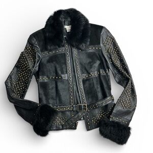 Vintage Cache Size 4 Soft Leather Studded Fur Lined Collar & Cuffs Belted Jacket